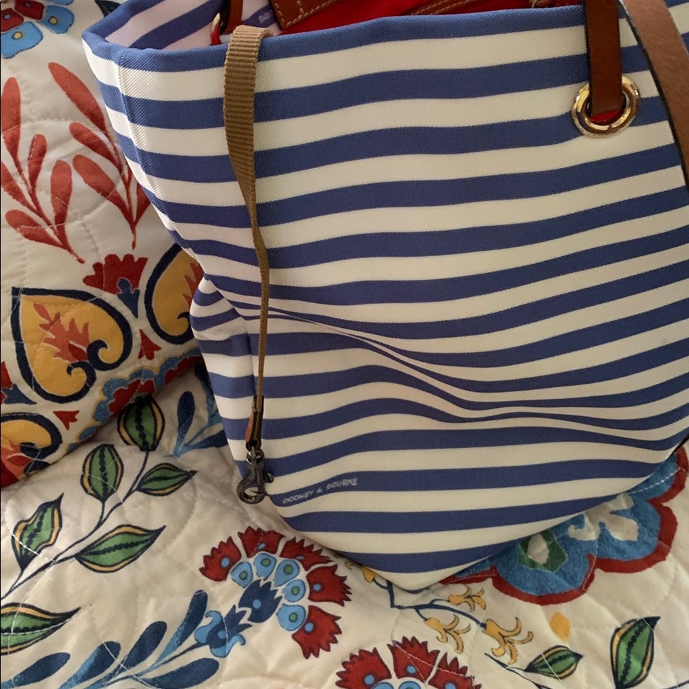 Dooney & Bourke Navy and White Striped Tote with Brown Trim - Picture 4 of 6